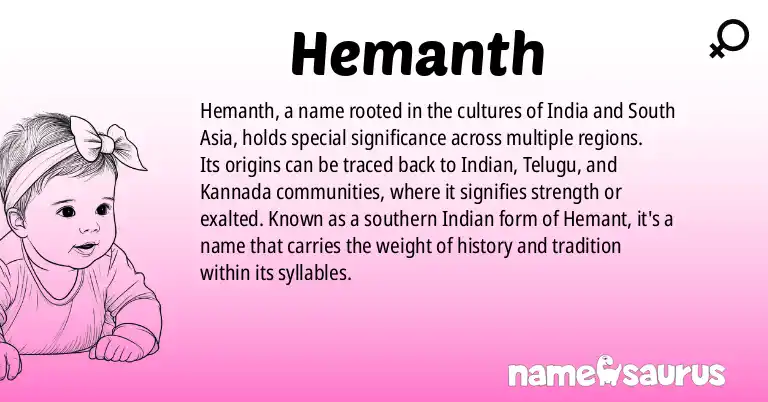 Infographic about Hemanth name meaning, Hemanth is a name from Indian, Telugu, Kannada, Tamil origin(s).