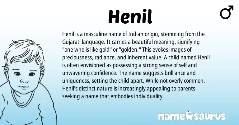 Infographic about Henil name meaning, Henil is a name from Hindi, Gujarati, Indian, Sanskrit origin(s).