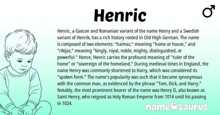 Infographic about Henric name meaning, Henric is a name from Old High German, England, Swedish, Roman, Gascon, Romanian origin(s).