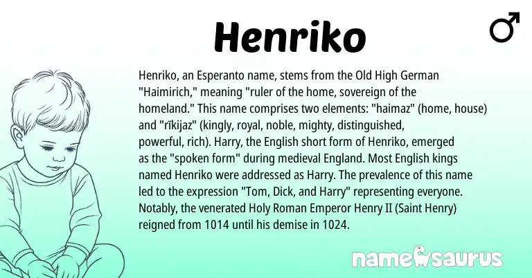 Infographic about Henriko name meaning, Henriko is a name from Old High German, English, England, Esperanto, Roman origin(s).