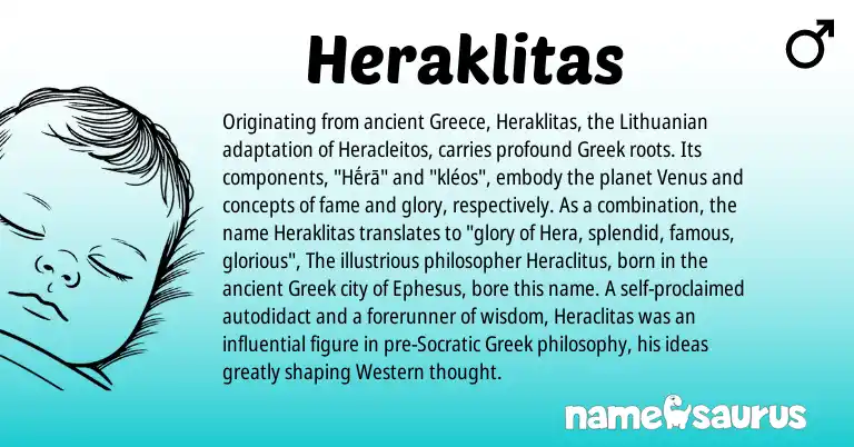 Infographic about Heraklitas name meaning, Heraklitas is a name from Lithuanian, Greece, Greek origin(s).
