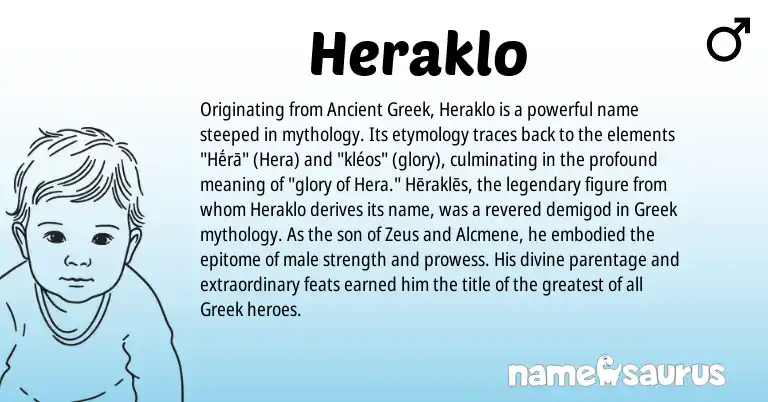 Infographic about Heraklo name meaning, Heraklo is a name from Ancient Greek, Greek origin(s).
