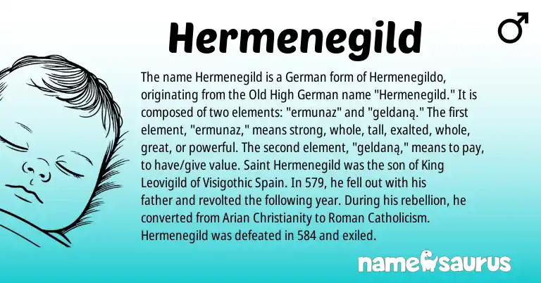 Infographic about Hermenegild name meaning, Hermenegild is a name from Christianity, Old High German, Spain, Roman, German origin(s).