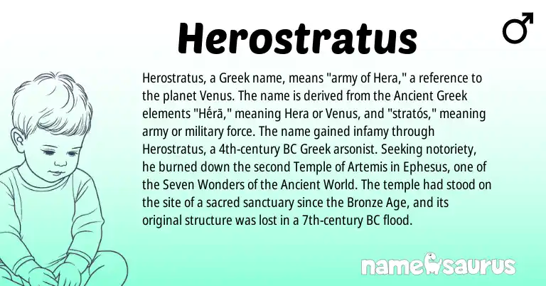 Infographic about Herostratus name meaning, Herostratus is a name from Ancient Greek, Greek origin(s).