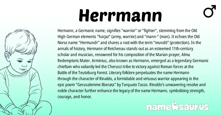 Infographic about Herrmann name meaning, Herrmann is a name from Old High German, Old Norse, Roman, Germanic origin(s).