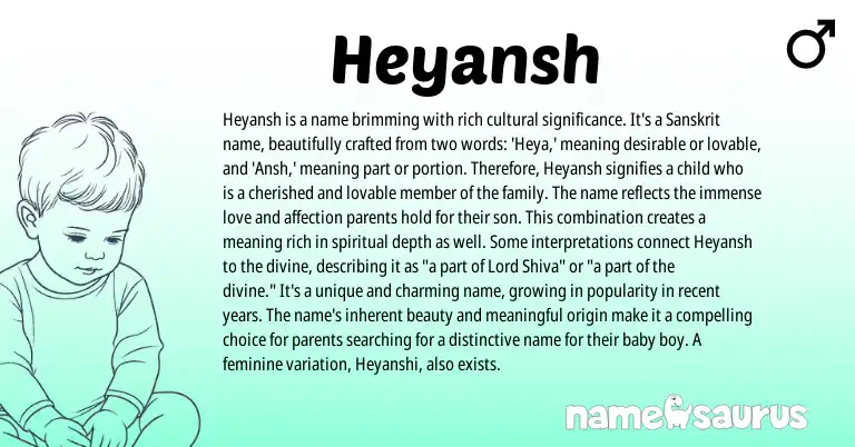 Infographic about Heyansh name meaning, Heyansh is a name from Indian, Sanskrit, Hindi origin(s).