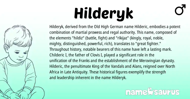 Infographic about Hilderyk name meaning, Hilderyk is a name from Old High German, North Africa origin(s).