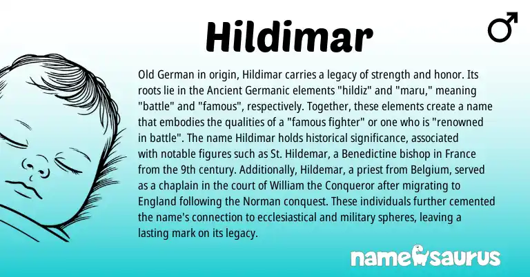 Infographic about Hildimar name meaning, Hildimar is a name from Old German, Norman, Ancient Germanic, England origin(s).