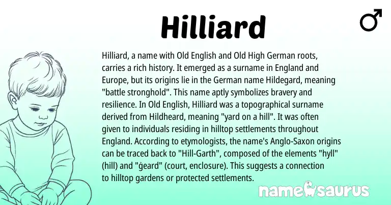 Infographic about Hilliard name meaning, Hilliard is a name from German, Anglo-Saxon, Old High German, England, Old English origin(s).