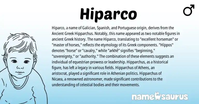 Infographic about Hiparco name meaning, Hiparco is a name from Ancient Greek, Spanish, Greek, Galician, Portuguese origin(s).