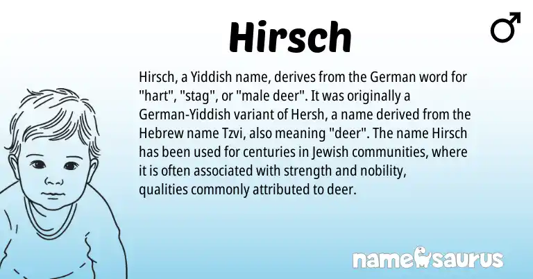 Infographic about Hirsch name meaning, Hirsch is a name from German, Yiddish, Jewish, Hebrew origin(s).