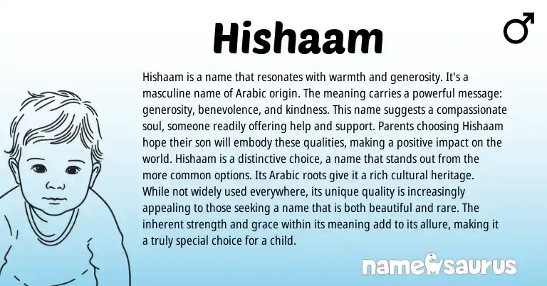 Infographic about Hishaam name meaning, Hishaam is a name from Arabic origin(s).
