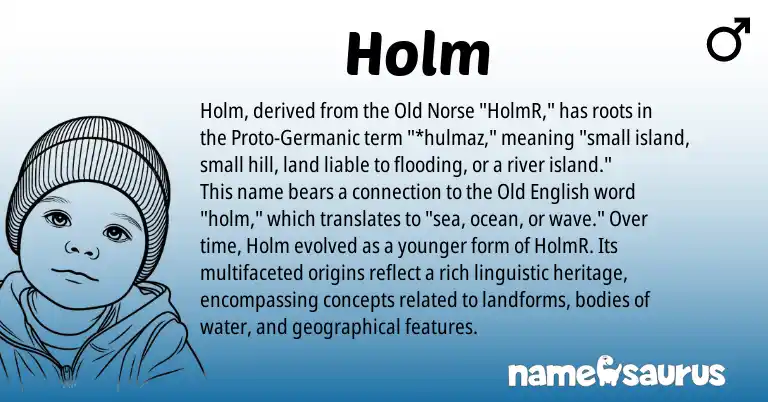 Infographic about Holm name meaning, Holm is a name from Old Norse, Germanic, Old English origin(s).