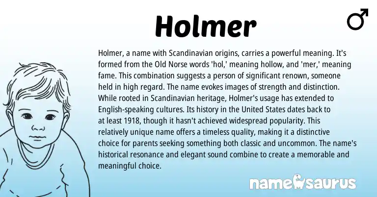 Infographic about Holmer name meaning, Holmer is a name from Scandinavian, English, Norse origin(s).