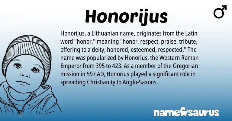 Infographic about Honorijus name meaning, Honorijus is a name from Lithuanian, Christianity, Roman, Latin origin(s).
