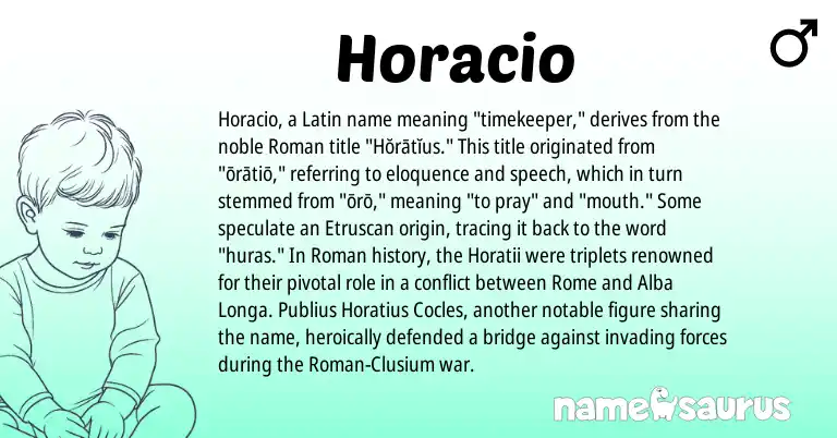Infographic about Horacio name meaning, Horacio is a name from Roman, Etruscan, Latin origin(s).