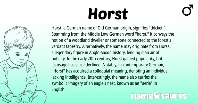 Infographic about Horst name meaning, Horst is a name from Low German, Anglo-Saxon, English, Old German, German origin(s).