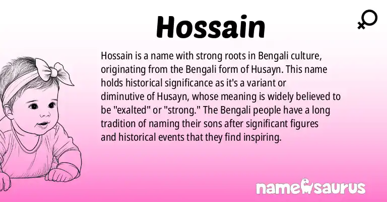 Infographic about Hossain name meaning, Hossain is a name from Bengali origin(s).