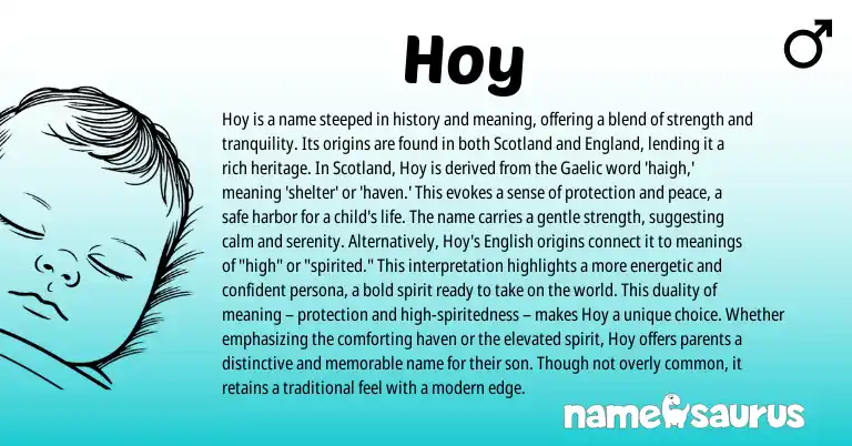 Infographic about Hoy name meaning, Hoy is a name from English, Scottish, Gaelic origin(s).