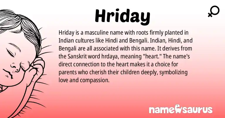 Infographic about Hriday name meaning, Hriday is a name from Indian, Hindi, Bengali origin(s).