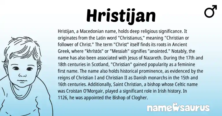 Infographic about Hristijan name meaning, Hristijan is a name from Irish, Ancient Greek, Danish, Macedonian, Latin, Celtic origin(s).