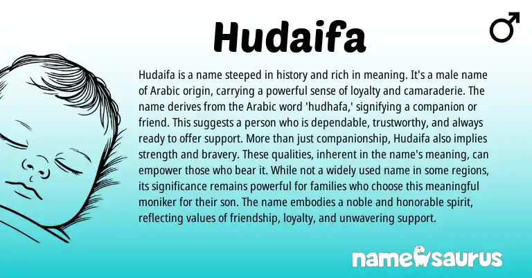 Infographic about Hudaifa name meaning, Hudaifa is a name from Arabic origin(s).