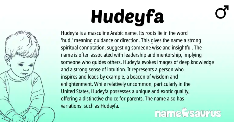 Infographic about Hudeyfa name meaning, Hudeyfa is a name from Arabic origin(s).