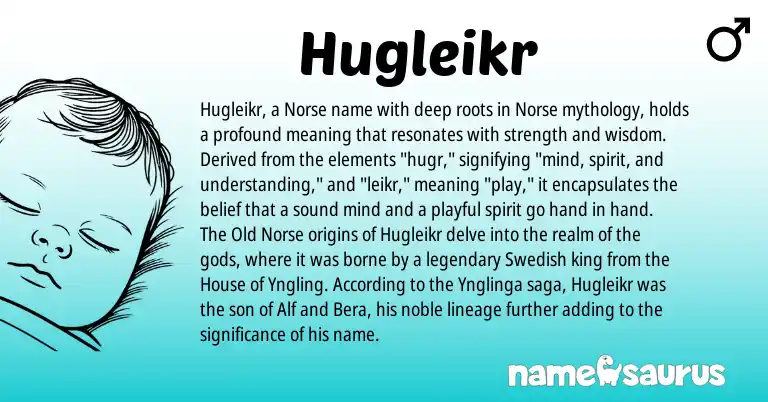Infographic about Hugleikr name meaning, Hugleikr is a name from Old Norse, Swedish, Norse origin(s).