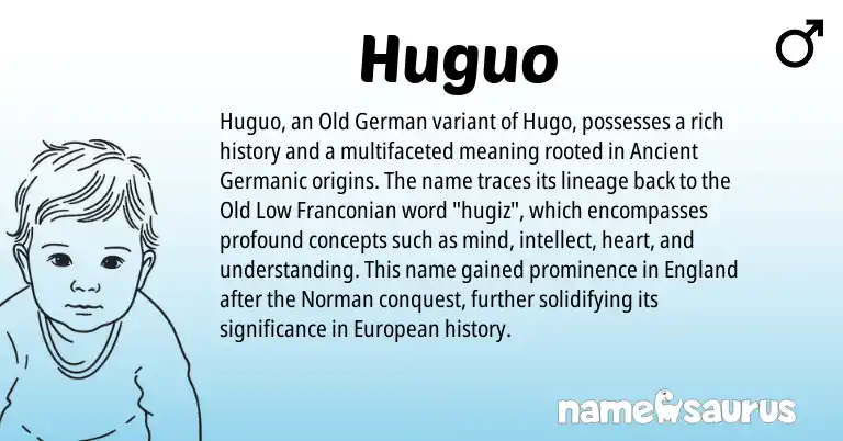 Infographic about Huguo name meaning, Huguo is a name from Ancient Germanic, European, England, Old German, Norman origin(s).