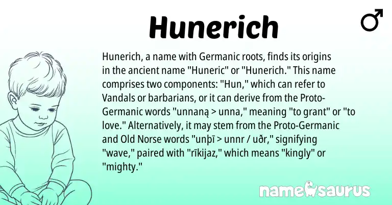 Infographic about Hunerich name meaning, Hunerich is a name from Old Norse, Germanic origin(s).
