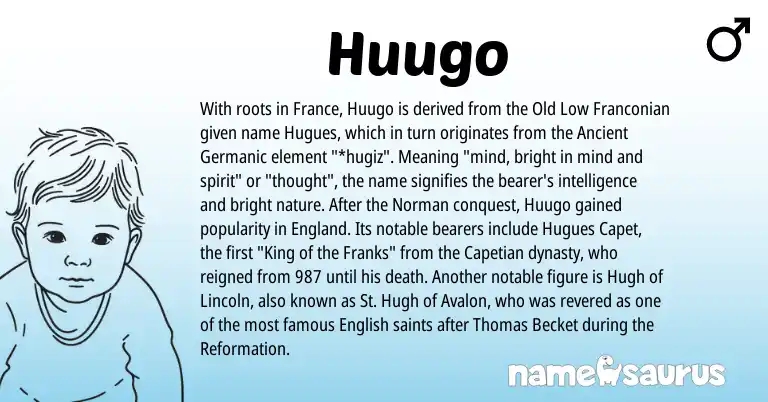 Infographic about Huugo name meaning, Huugo is a name from English, Norman, Ancient Germanic, England origin(s).