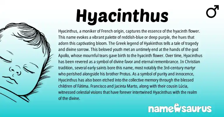 Infographic about Hyacinthus name meaning, Hyacinthus is a name from French, Greek origin(s).