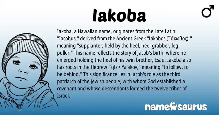 Infographic about Iakoba name meaning, Iakoba is a name from Ancient Greek, Hawaiian, Late Latin, Jewish, Hebrew origin(s).