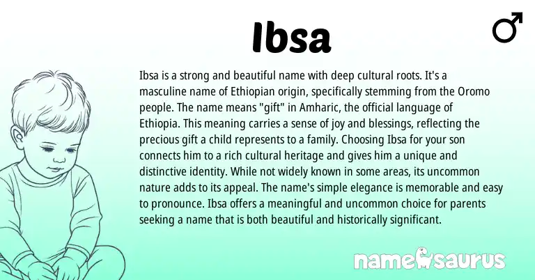 Infographic about Ibsa name meaning, Ibsa is a name from Oromo, Ethiopian, Amharic origin(s).