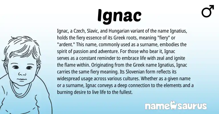 Infographic about Ignac name meaning, Ignac is a name from Greek, Slavic, Hungarian, Slovenian, Czech origin(s).