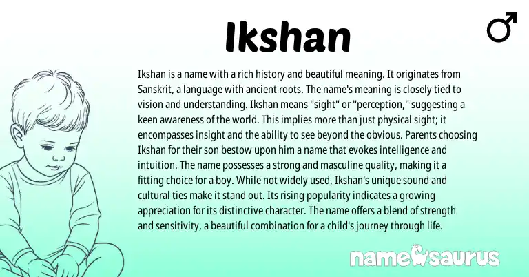 Infographic about Ikshan name meaning, Ikshan is a name from Malayalam, Hindu, Sanskrit origin(s).