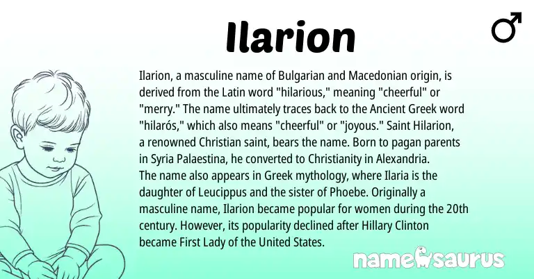Infographic about Ilarion name meaning, Ilarion is a name from Bulgarian, Ancient Greek, Christianity, United States, Syria, Macedonian, Latin, Greek origin(s).