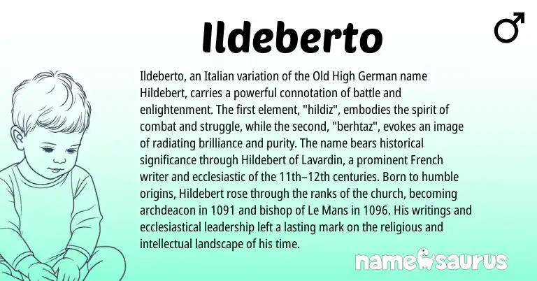 Infographic about Ildeberto name meaning, Ildeberto is a name from Old High German, French, Italian origin(s).