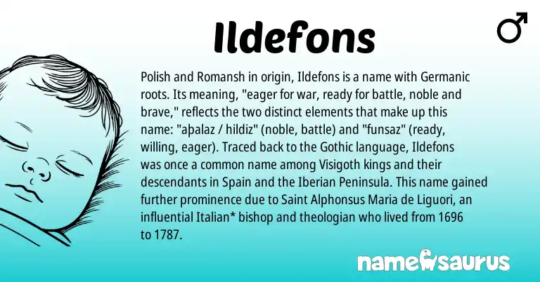 Infographic about Ildefons name meaning, Ildefons is a name from Polish, Romansh, Spain, Germanic, Gothic, Italian origin(s).