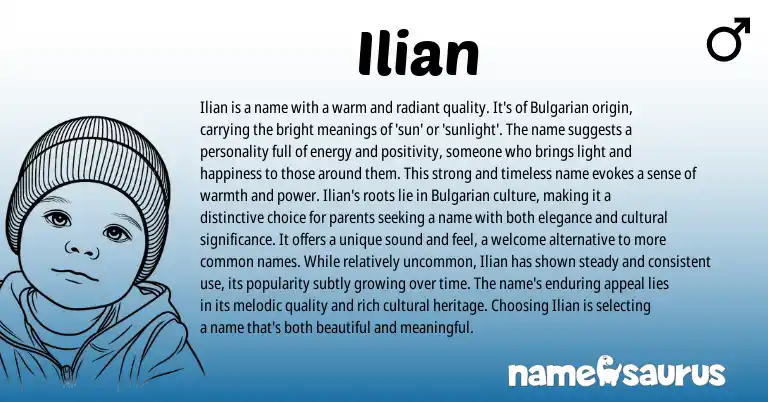 Infographic about Ilian name meaning, Ilian is a name from Bulgarian origin(s).