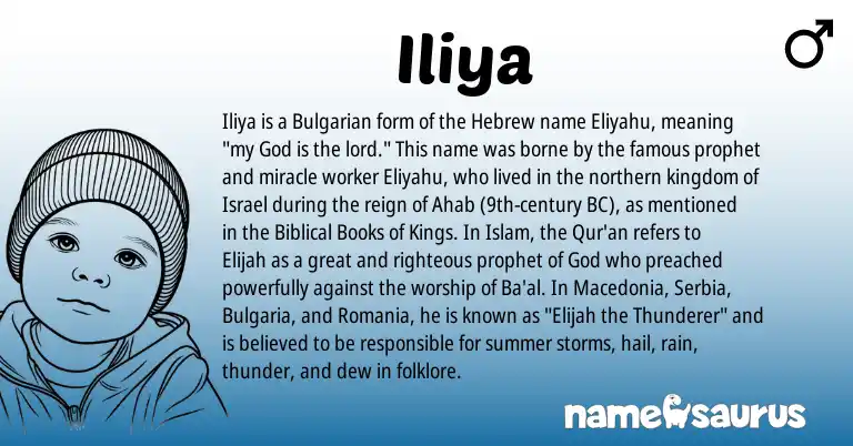 Infographic about Iliya name meaning, Iliya is a name from Bulgarian, Hebrew origin(s).
