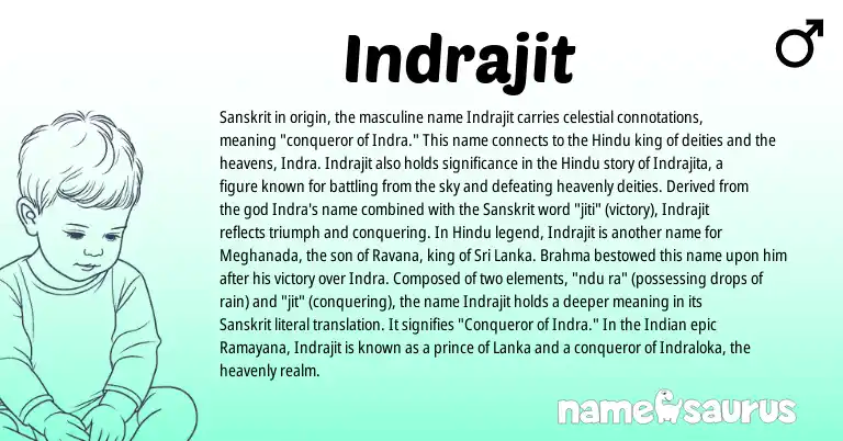 Infographic about Indrajit name meaning, Indrajit is a name from Sri Lanka, Indian, Sanskrit, Hindu origin(s).