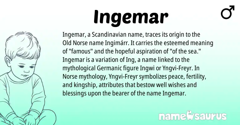 Infographic about Ingemar name meaning, Ingemar is a name from Scandinavian, Germanic, Old Norse, Norse origin(s).