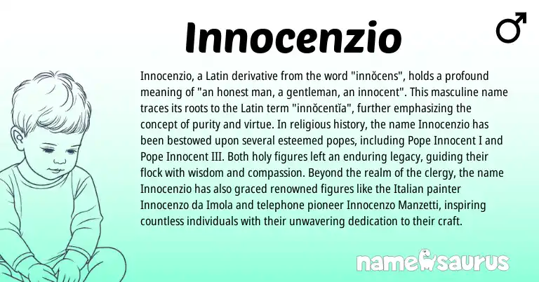 Infographic about Innocenzio name meaning, Innocenzio is a name from Latin, Italian origin(s).