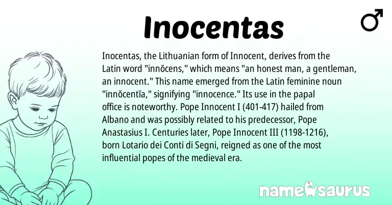 Infographic about Inocentas name meaning, Inocentas is a name from Lithuanian, Latin origin(s).
