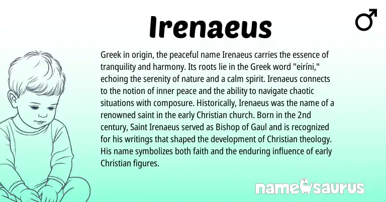 Infographic about Irenaeus name meaning, Irenaeus is a name from Greek origin(s).