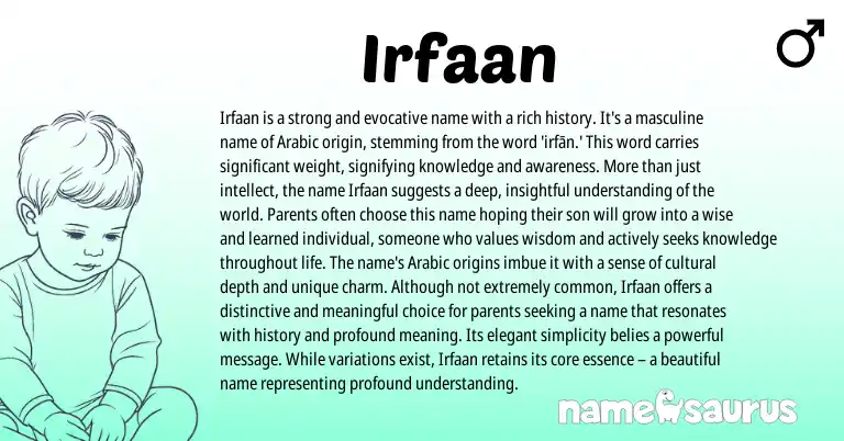 Infographic about Irfaan name meaning, Irfaan is a name from Arabic origin(s).