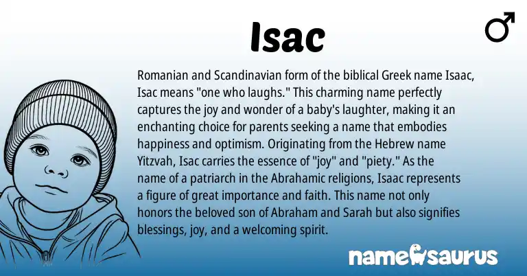 Infographic about Isac name meaning, Isac is a name from Romanian, Hebrew, Scandinavian, Greek origin(s).