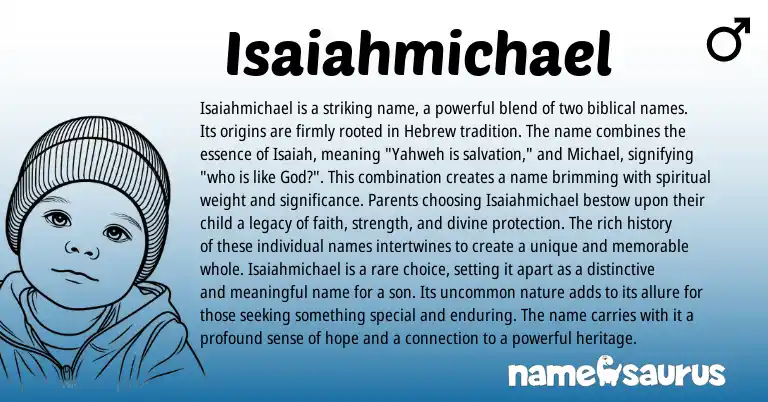 Infographic about Isaiahmichael name meaning, Isaiahmichael is a name from Hebrew, English, Biblical origin(s).