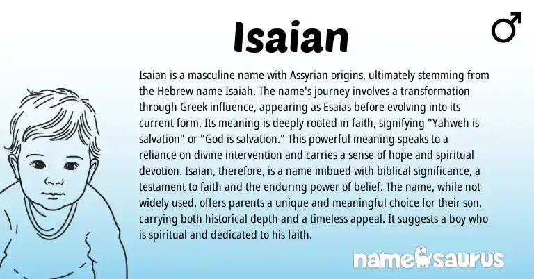Infographic about Isaian name meaning, Isaian is a name from Greek, Assyrian, Hebrew origin(s).